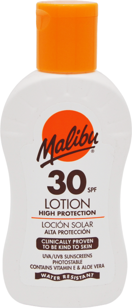 Bottle of Malibu SPF 30 high protection lotion with orange cap