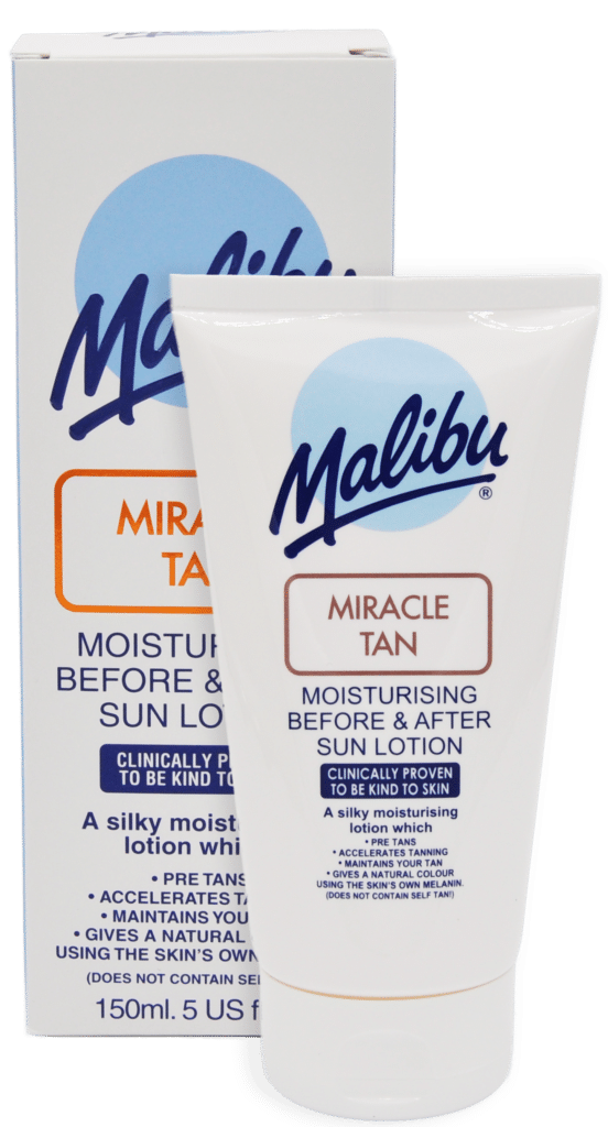 Malibu Miracle Tan moisturizing sun lotion tube and box