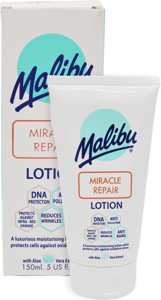 Malibu Miracle Repair lotion tube and packaging with aloe vera extract