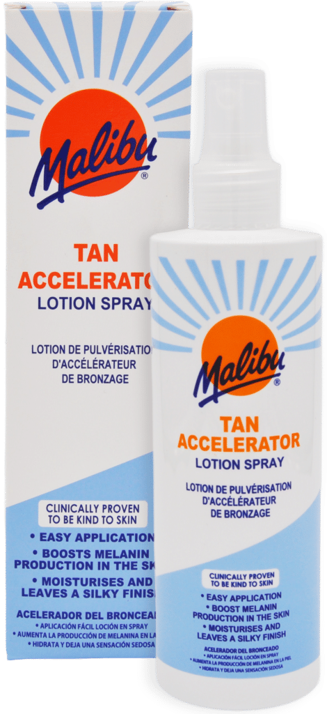 Malibu Tan Accelerator lotion spray bottle and packaging