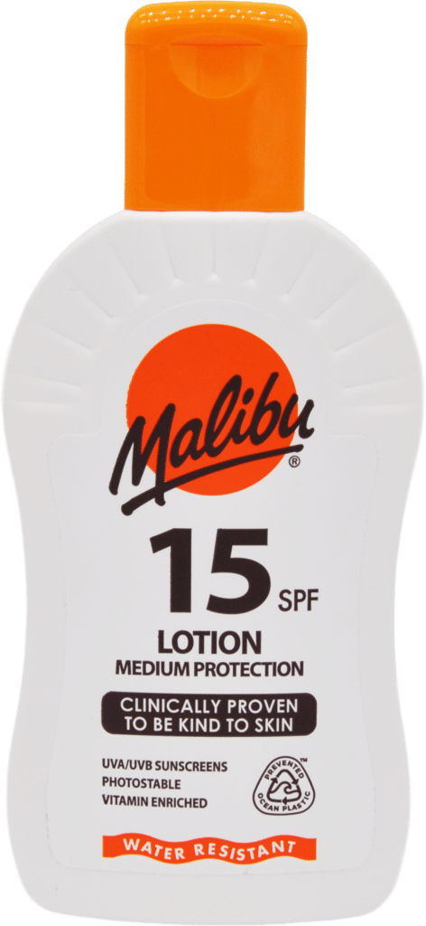 Bottle of Malibu SPF 15 lotion with orange cap and white body
