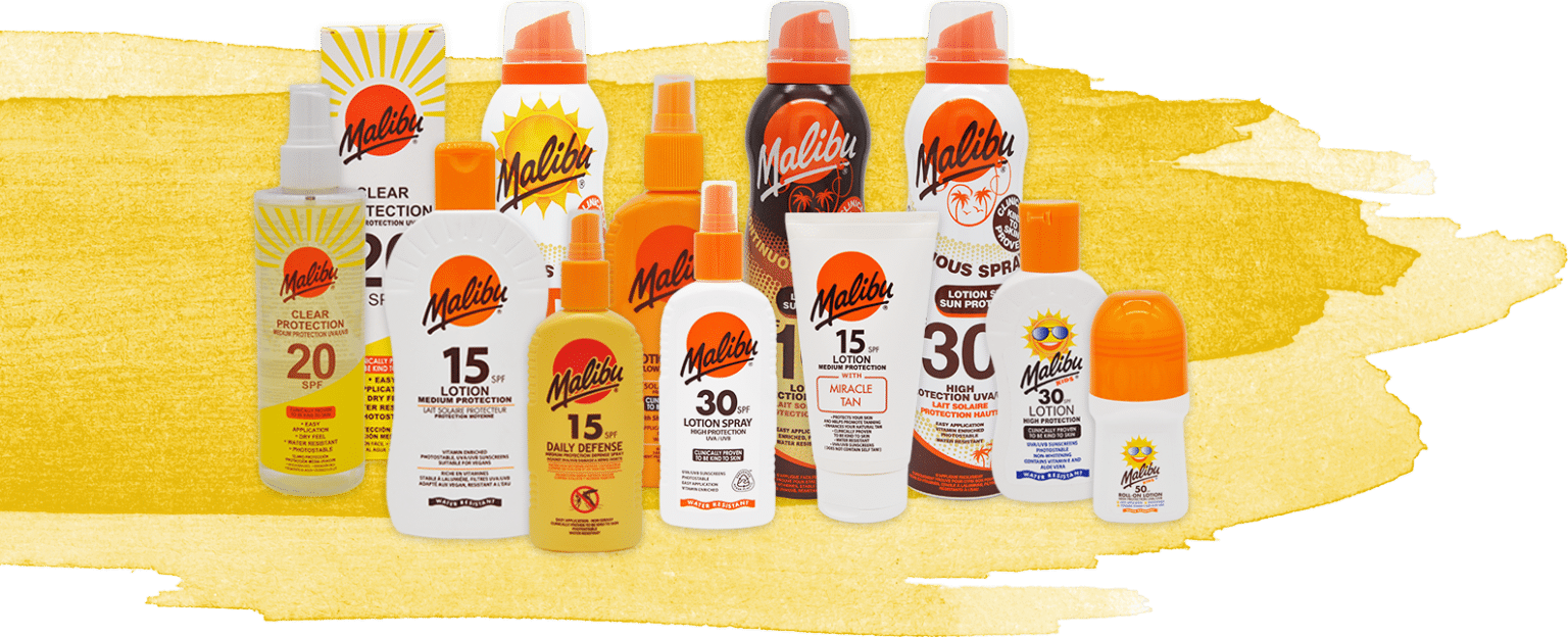 Assorted Malibu sun protection lotions and sprays with various SPF levels