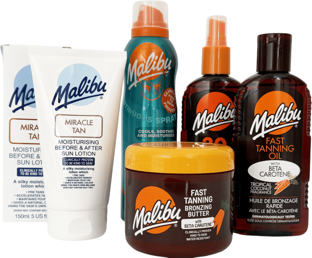 Collection of Malibu tanning and moisturizing products including lotion, spray, bronzing butter, and tanning oil