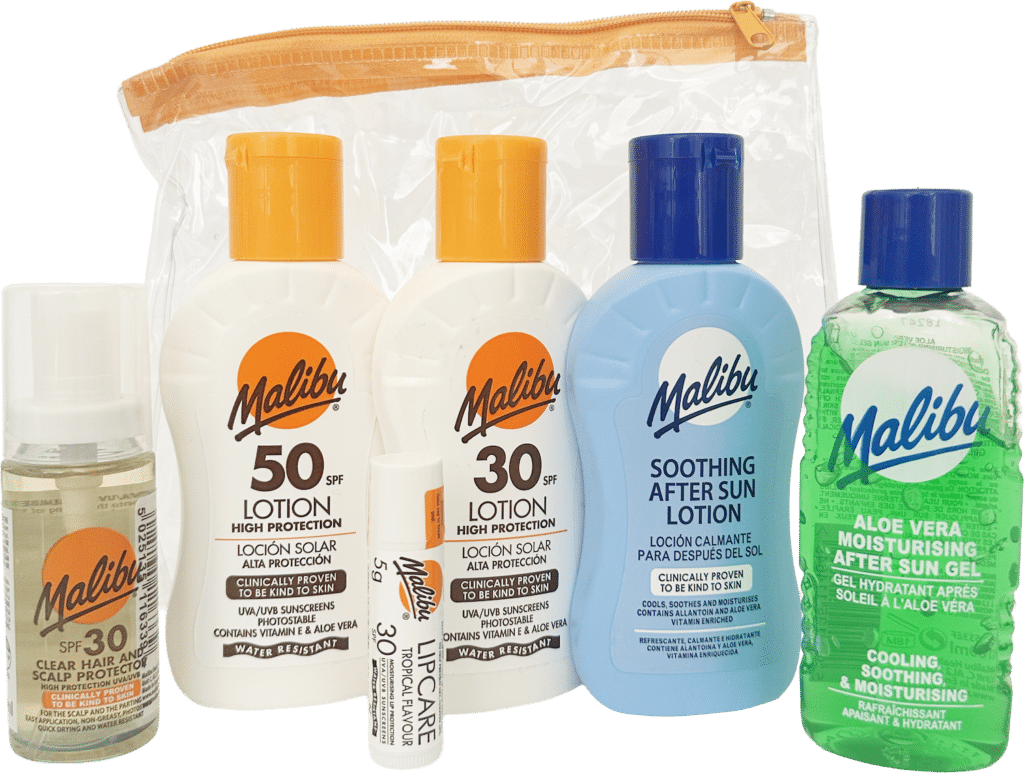 Six Malibu sun care products including lotions, gel, lip care, and scalp protector in a clear travel bag