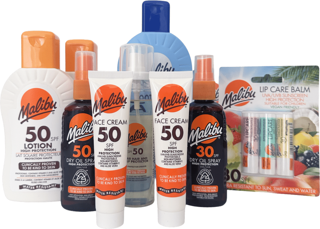 Malibu brand sun protection products including lotion, face cream, dry oil spray, hair protector, and lip care balm
