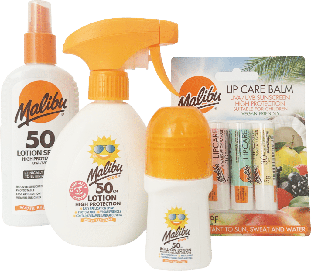 Malibu kids sunscreen bundle with lotion spray, roll-on lotion, and lip care balm