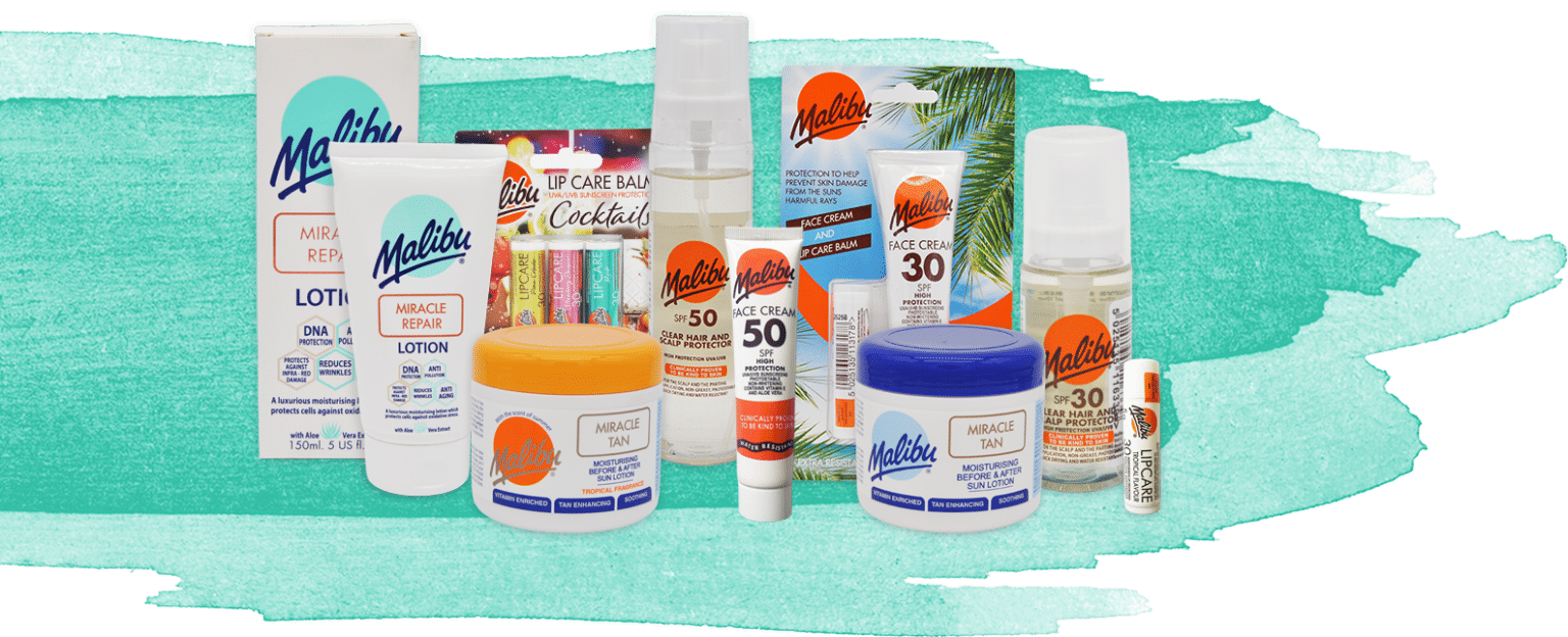 Array of Malibu Miracle Tan and SPF skincare products on teal background