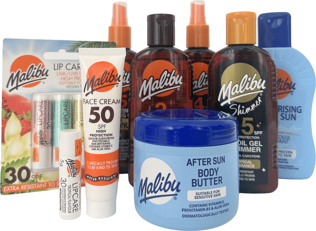 Malibu tanning bundle including face cream, lip care, after sun body butter, shimmer oil gel, and tanning sprays