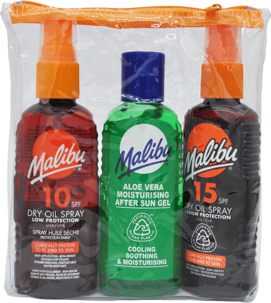 Three Malibu sun care bottles in a clear zip pouch with orange trim