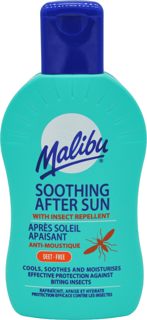 Malibu soothing after sun lotion with insect repellent in a turquoise bottle
