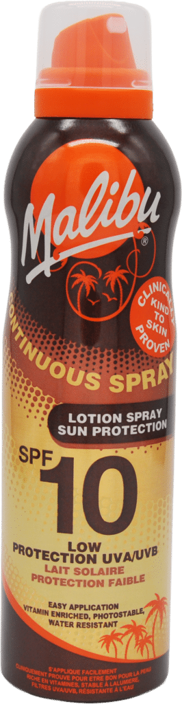Malibu continuous spray sun protection lotion spray SPF 10 bottle