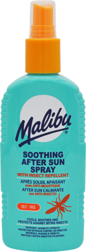 Bottle of Malibu Soothing After Sun Spray with insect repellent and DEET-free formula