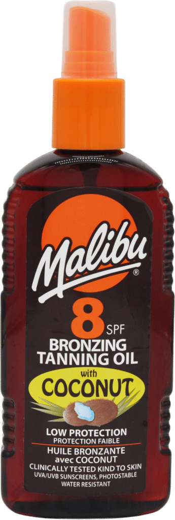 Bottle of Malibu SPF 8 bronzing tanning oil with coconut
