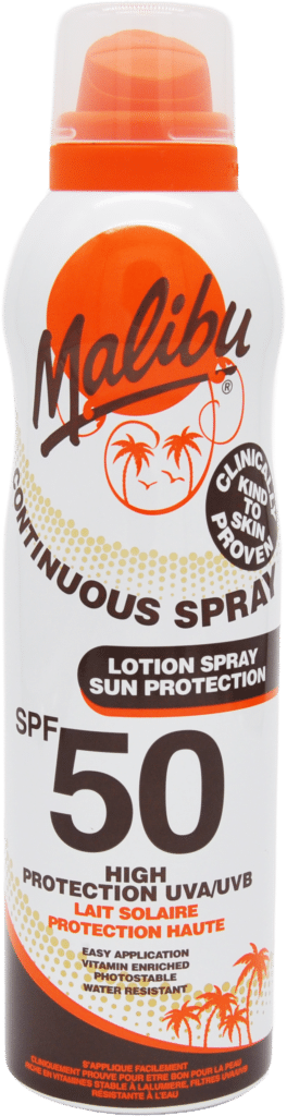 Malibu continuous spray sunscreen lotion SPF 50 bottle with orange cap