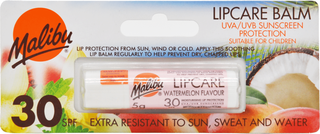 Malibu Lipcare balm with SPF 30 watermelon flavor in packaging
