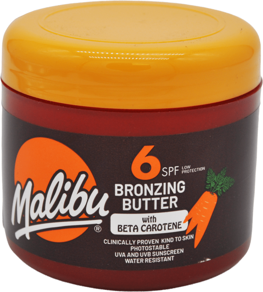 Jar of Malibu bronzing butter with SPF 6 and beta carotene