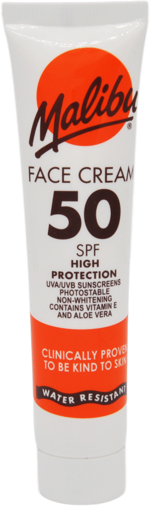 Tube of Malibu Face Cream SPF 50 with high protection and water resistant label