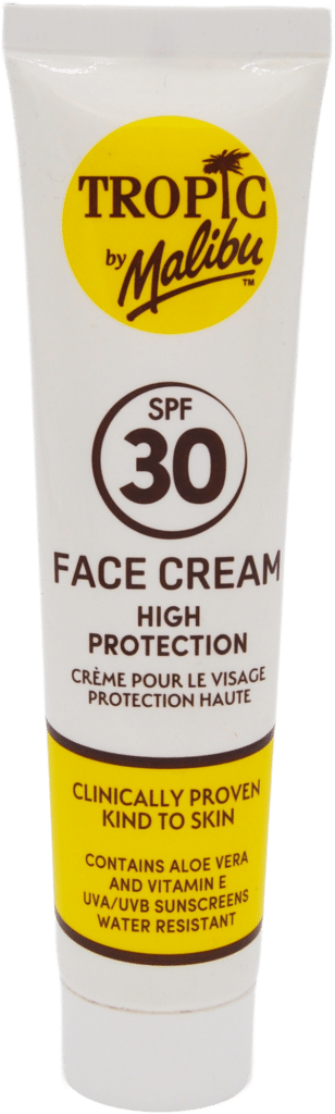 Tube of Tropic by Malibu SPF 30 face cream with high protection